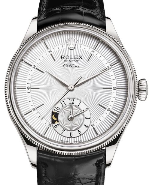 Rolex Cellini Dual Time White Gold Silver Guilloche Index Dial Domed Fluted Double Bezel Tobacco Leather Bracelet 50529 BRAND NEW