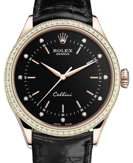 Rolex Cellini Time Rose Gold Black Diamond Dial Diamond Bezel Black Leather Bracelet 50705RBR - BRAND NEW