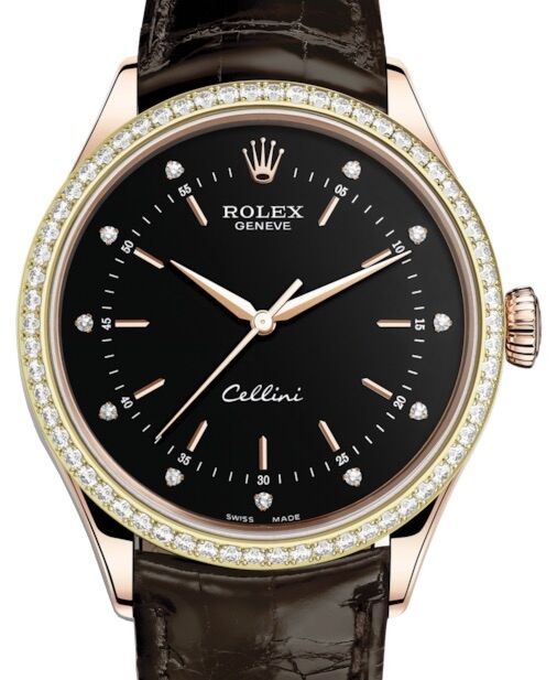 Rolex Cellini Time Rose Gold Black Diamond Dial Diamond Bezel Tobacco Leather Bracelet 50705RBR - BRAND NEW