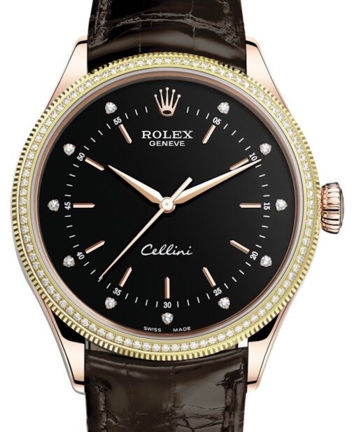 Rolex Cellini Time Rose Gold Black Diamond Dial Diamond Fluted Double Bezel Tobacco Leather Bracelet 50605RBR BRAND NEW