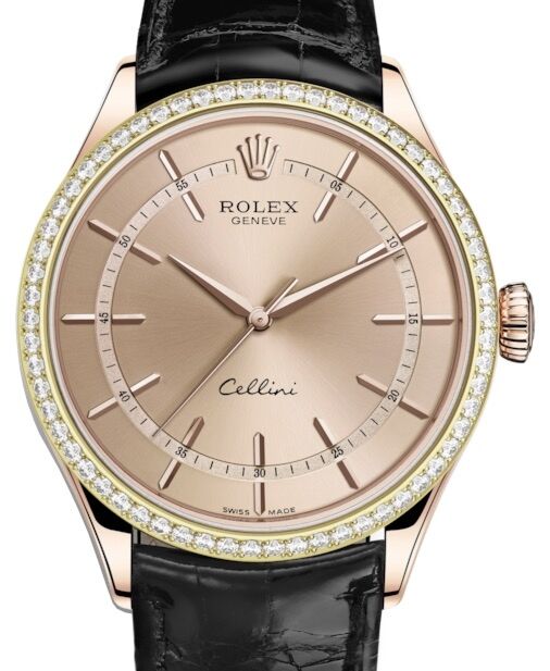Rolex Cellini Time Rose Gold Pink Index Dial Diamond Bezel Black Leather Bracelet 50705RBR - BRAND NEW