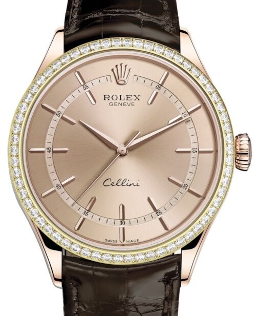 Rolex Cellini Time Rose Gold Pink Index Dial Diamond Bezel Tobacco Leather Bracelet 50705RBR - BRAND NEW