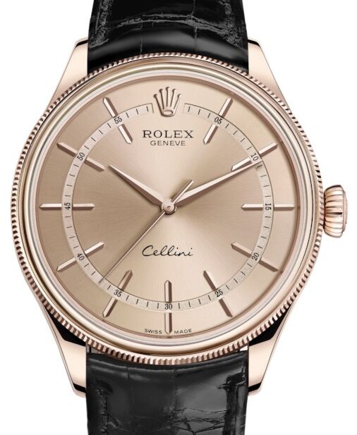 Rolex Cellini Time Rose Gold Pink Index Dial Domed & Fluted Double Bezel Black Leather Bracelet 50505 - BRAND NEW