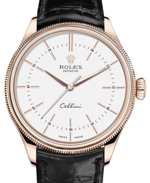 Rolex Cellini Time Rose Gold White Index Dial Domed & Fluted Double Bezel Black Leather Bracelet 50505 - BRAND NEW