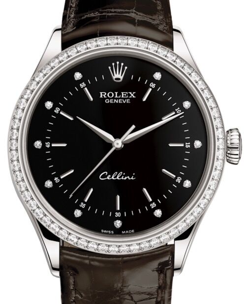 Rolex Cellini Time White Gold Black Diamond Dial Diamond Bezel Tobacco Leather Bracelet 50709RBR - BRAND NEW