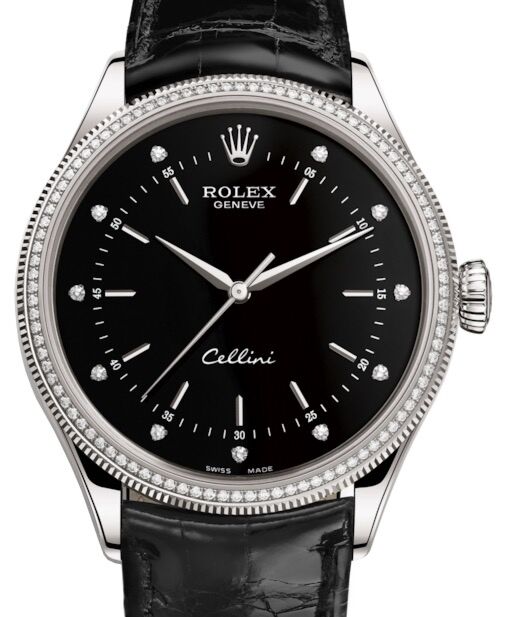 Rolex Cellini Time White Gold Black Diamond Dial Diamond & Fluted Double Bezel Black Leather Bracelet 50609RBR - BRAND NEW