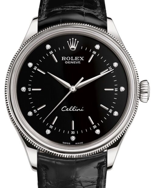 Rolex Cellini Time White Gold Black Diamond Dial Domed & Fluted Double Bezel Black Leather Bracelet 50509 - BRAND NEW