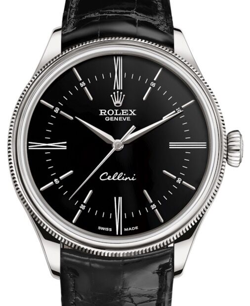 Rolex Cellini Time White Gold Black Index / Roman Dial Domed & Fluted Double Bezel Black Leather Bracelet 50509 - BRAND NEW