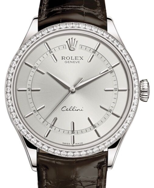 Rolex Cellini Time White Gold Rhodium Index Dial Diamond Bezel Tobacco Leather Bracelet 50709RBR - BRAND NEW
