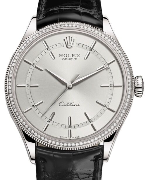 Rolex Cellini Time White Gold Rhodium Index Dial Diamond & Fluted Double Bezel Black Leather Bracelet 50609RBR - BRAND NEW