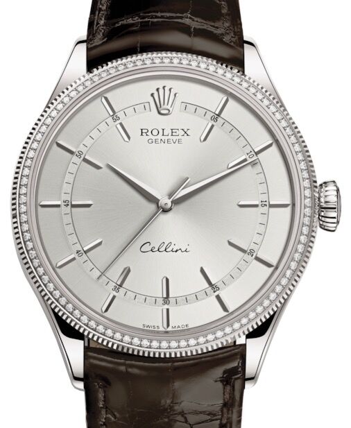 Rolex Cellini Time White Gold Rhodium Index Dial Diamond & Fluted Double Bezel Tobacco Leather Bracelet 50609RBR - BRAND NEW