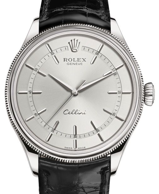 Rolex Cellini Time White Gold Rhodium Index Dial Domed & Fluted Double Bezel Black Leather Bracelet 50509 - BRAND NEW
