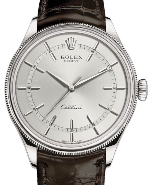 Rolex Cellini Time White Gold Rhodium Index Dial Domed & Fluted Double Bezel Tobacco Leather Bracelet 50509 - BRAND NEW