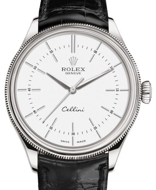 Rolex Cellini Time White Gold White Index Dial Domed & Fluted Double Bezel Black Leather Bracelet 50509 - BRAND NEW