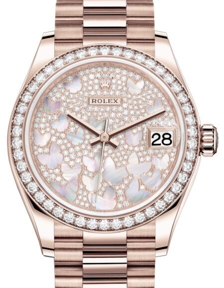 Rolex Datejust 31 Lady Midsize Rose Gold Diamond Pave Mother of Pearl Butterfly Dial & Diamond Bezel President Bracelet 278285RBR - BRAND NEW