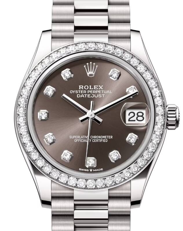 Rolex Datejust 31 White Gold Dark Grey Diamond Dial & Diamond Bezel President Bracelet 278289RBR - BRAND NEW
