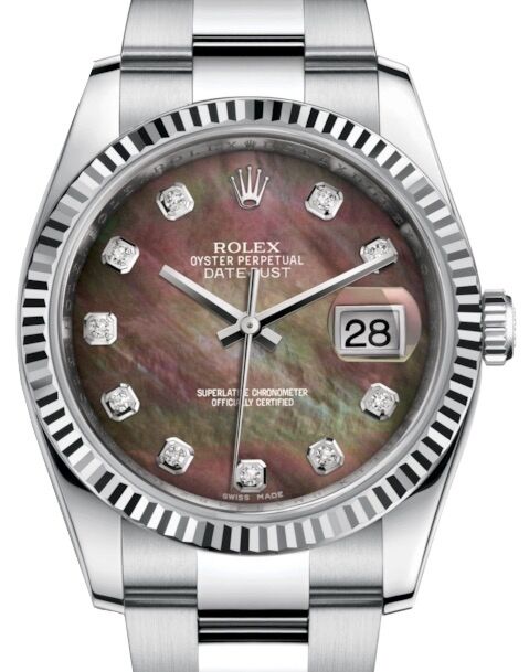 Rolex Datejust 36 White Gold/Steel Black Mother of Pearl Diamond Dial & Fluted Bezel Oyster Bracelet 116234