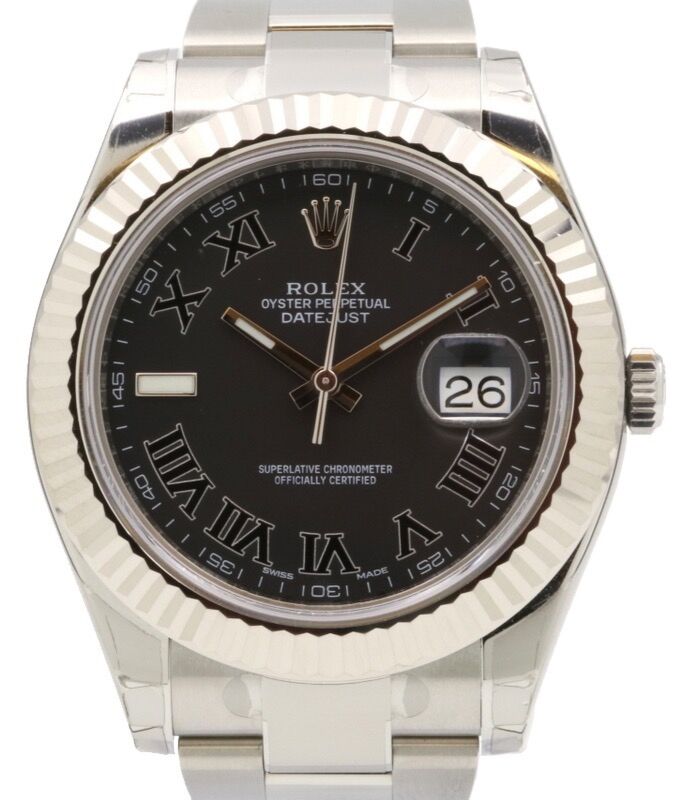 Rolex Datejust II 116334 Stainless Steel Black Roman Fluted White Gold Bezel & Oyster Bracelet 