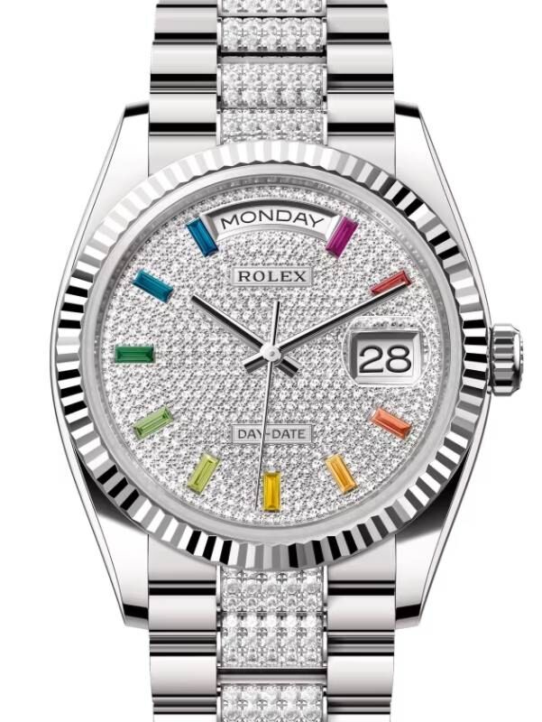 Rolex Day Date 36 President White Gold Diamond Paved Dial Bracelet Fluted Bezel 128239