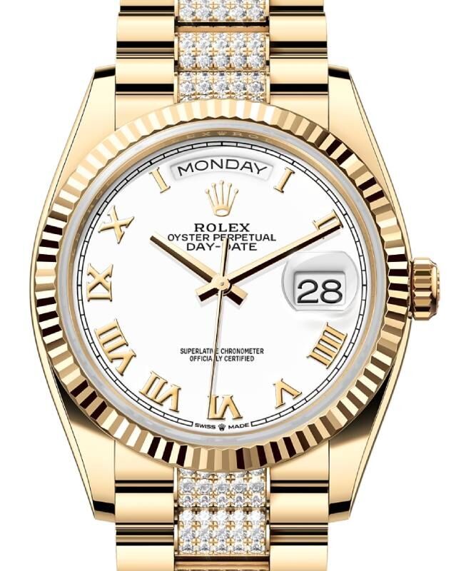 Rolex Day-Date 36 President Yellow Gold White Roman Dial Diamond Bracelet 128238