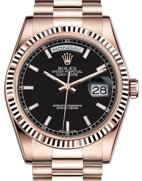 Rolex Day-Date 36 Rose Gold Black Index Dial & Fluted Bezel President Bracelet 118235