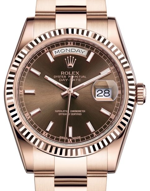 Rolex Day-Date 36 Rose Gold Chocolate Index Dial & Fluted Bezel Oyster Bracelet 118235