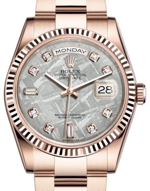 Rolex Day-Date 36 Rose Gold Meteorite Diamond Dial & Fluted Bezel Oyster Bracelet 118235