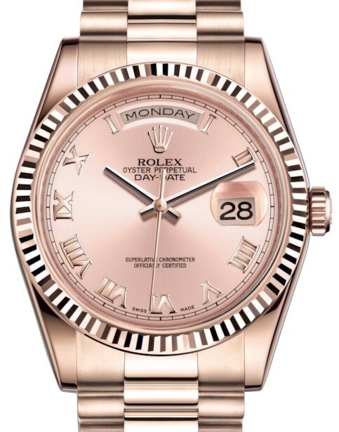 Rolex Day-Date 36 Rose Gold Pink Roman Dial & Fluted Bezel President Bracelet 118235 - PRE-OWNED