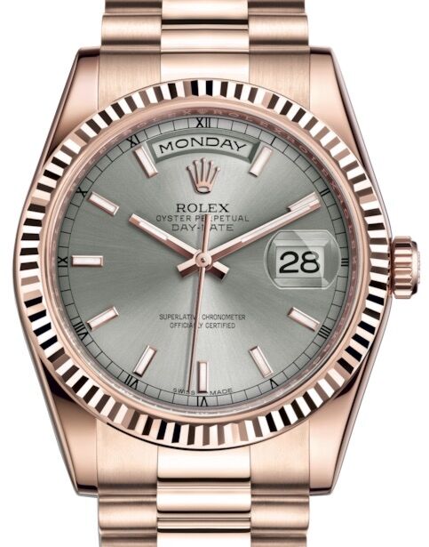 Rolex Day-Date 36 Rose Gold Rhodium Index Dial & Fluted Bezel President Bracelet 118235