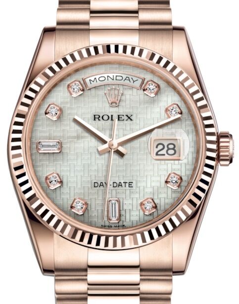 Rolex Day-Date 36 Rose Gold White Mother of Pearl with Oxford Motif Diamond Dial & Fluted Bezel President Bracelet 118235