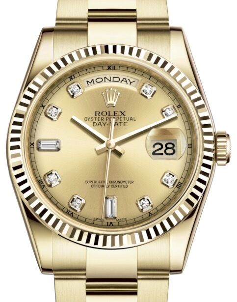 Rolex Day-Date 36 Yellow Gold Champagne Diamond Dial & Fluted Bezel Oyster Bracelet 118238