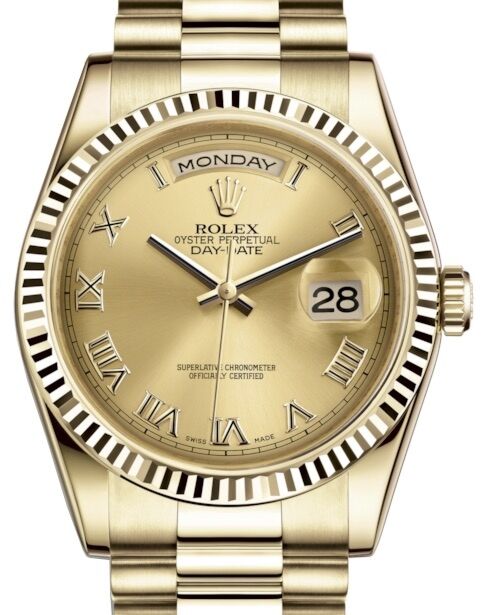 Rolex Day-Date 36 Yellow Gold Champagne Roman Dial & Fluted Bezel President Bracelet 118238 