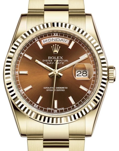 Rolex Day-Date 36 Yellow Gold Cognac Index Dial & Fluted Bezel Oyster Bracelet 118238