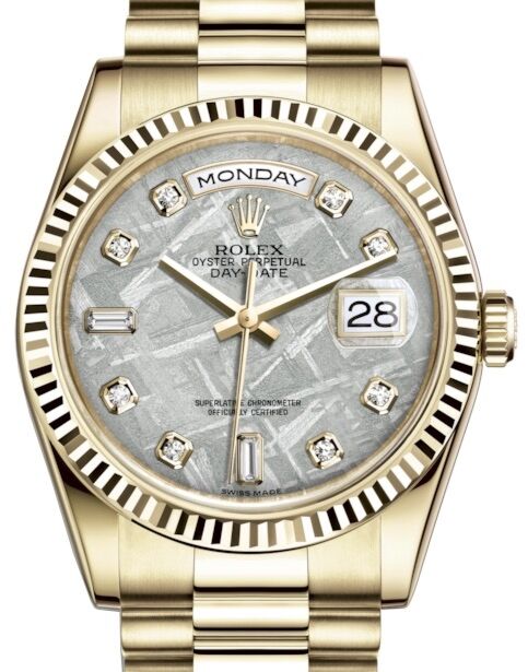 Rolex Day-Date 36 Yellow Gold Meteorite Diamond Dial & Fluted Bezel President Bracelet 118238 - PRE OWNED