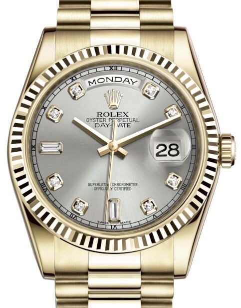 Rolex Day-Date 36 Yellow Gold Silver Diamond Dial & Fluted Bezel President Bracelet 118238
