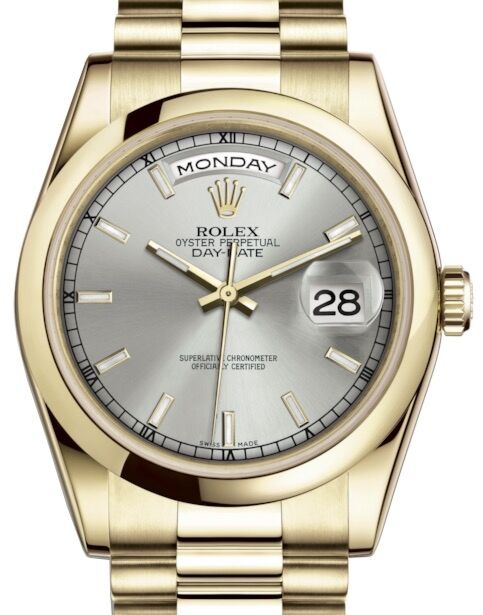 Rolex Day-Date 36 Yellow Gold Silver Index Dial & Smooth Domed Bezel President Bracelet 118208 