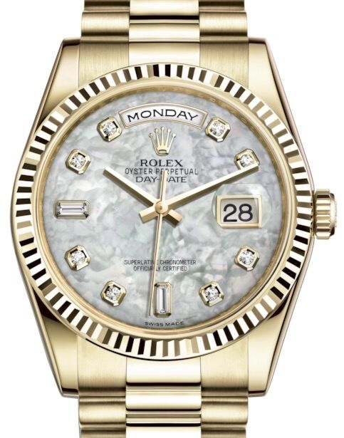 Rolex Day-Date 36 Yellow Gold White Mother of Pearl Diamond Dial & Fluted Bezel President Bracelet 118238