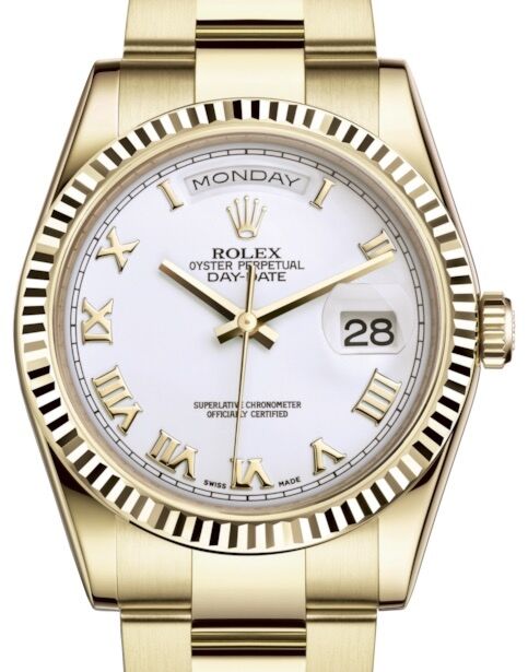 Rolex Day-Date 36 Yellow Gold White Roman Dial & Fluted Bezel Oyster Bracelet 118238