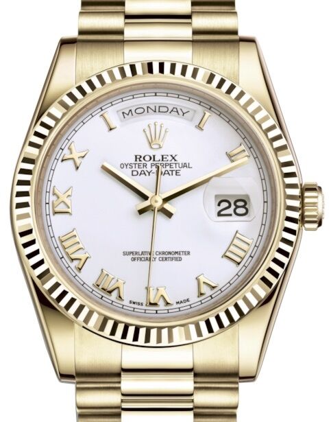 Rolex Day-Date 36 Yellow Gold White Roman Dial & Fluted Bezel President Bracelet 118238