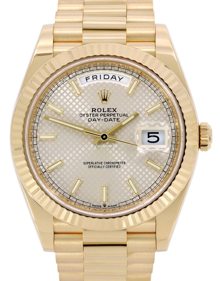 Rolex Day-Date 40 President Yellow Gold Silver Diagonal Motif Index Dial 228238