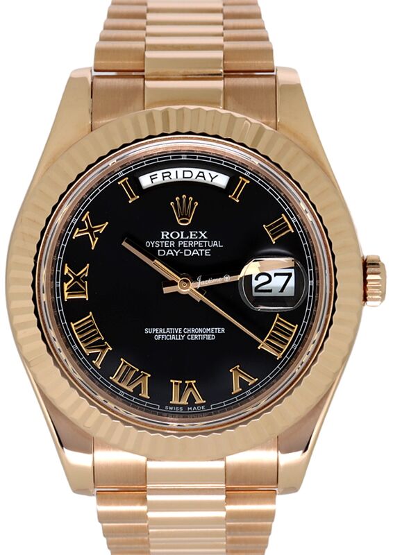 Rolex Day-Date II President Rose Gold 41mm Black Roman Fluted Bezel 218235 - PRE-OWNED 