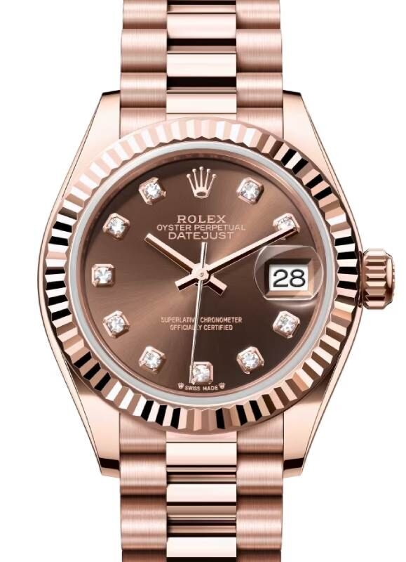 Rolex Lady Datejust 28 Rose Gold Chocolate Diamond Dial & Fluted Bezel President Bracelet 279175 - BRAND NEW