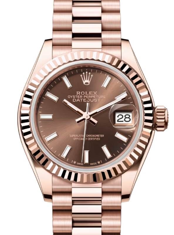 Rolex Lady Datejust 28 Rose Gold Chocolate Index Dial & Fluted Bezel President Bracelet 279175 - BRAND NEW