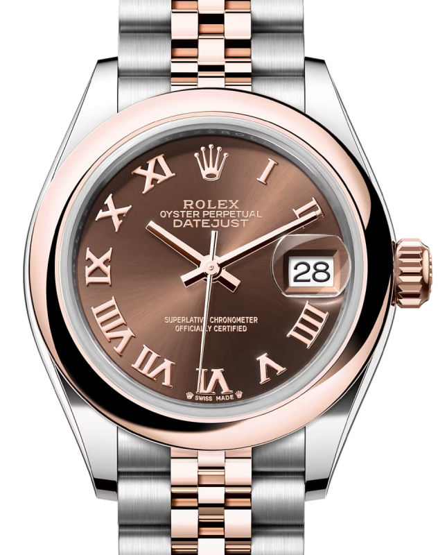 Rolex Lady Datejust 28 Rose Gold/Steel Chocolate Roman Dial & Smooth Domed Bezel Jubilee Bracelet 279161 - BRAND NEW