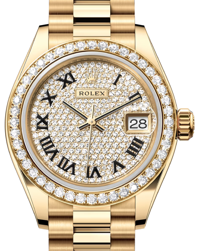 Rolex Lady Datejust 28 Yellow Gold Diamond Paved Roman Dial & Diamond Bezel President Bracelet 279138RBR - BRAND NEW