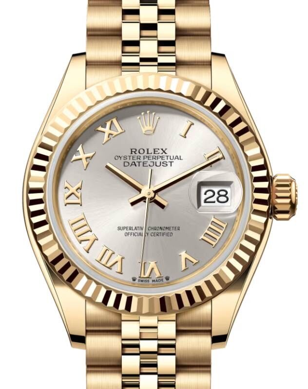 Rolex Lady Datejust 28 Yellow Gold Silver Roman Dial & Fluted Bezel Jubilee Bracelet 279178 - BRAND NEW