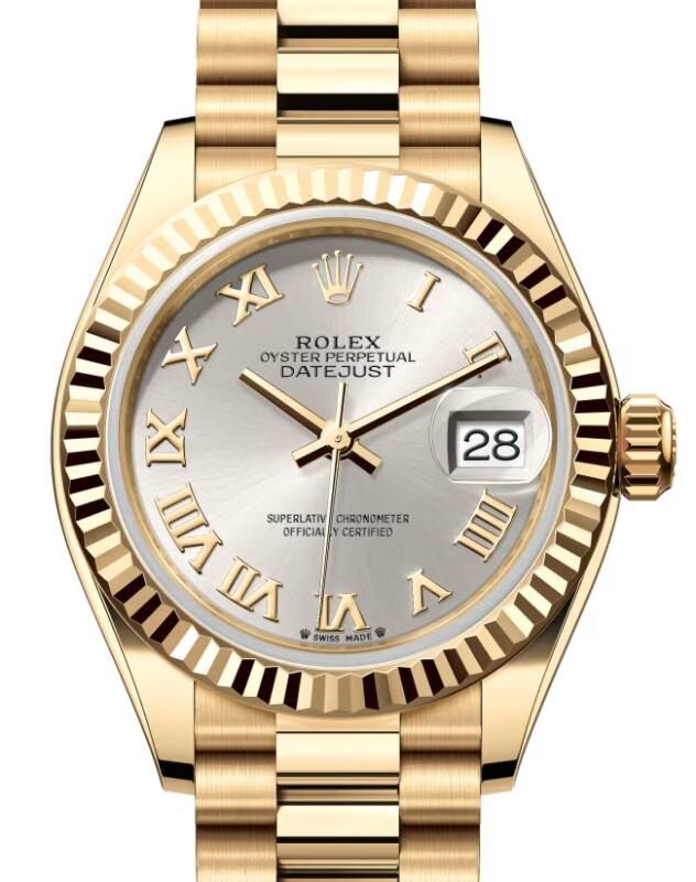 Rolex Lady Datejust 28 Yellow Gold Silver Roman Dial & Fluted Bezel President Bracelet 279178 - BRAND NEW