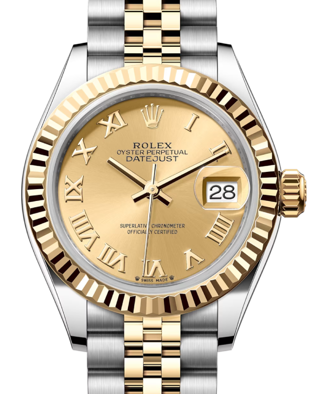 Rolex Lady Datejust 28 Yellow Gold/Steel Champagne Roman Dial & Fluted Bezel Jubilee Bracelet 279173 - BRAND NEW