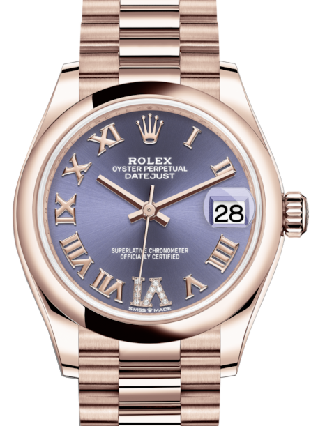 Rolex Lady-Datejust 31 Rose Gold Aubergine Roman Diamond VI Dial & Smooth Domed Bezel President Bracelet 278245 - BRAND NEW