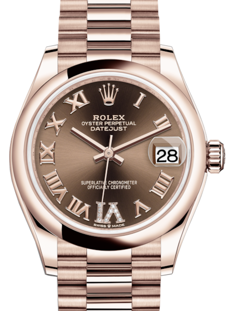 Rolex Lady-Datejust 31 Rose Gold Chocolate Roman Diamond VI Dial & Smooth Domed Bezel President Bracelet 278245 - BRAND NEW
